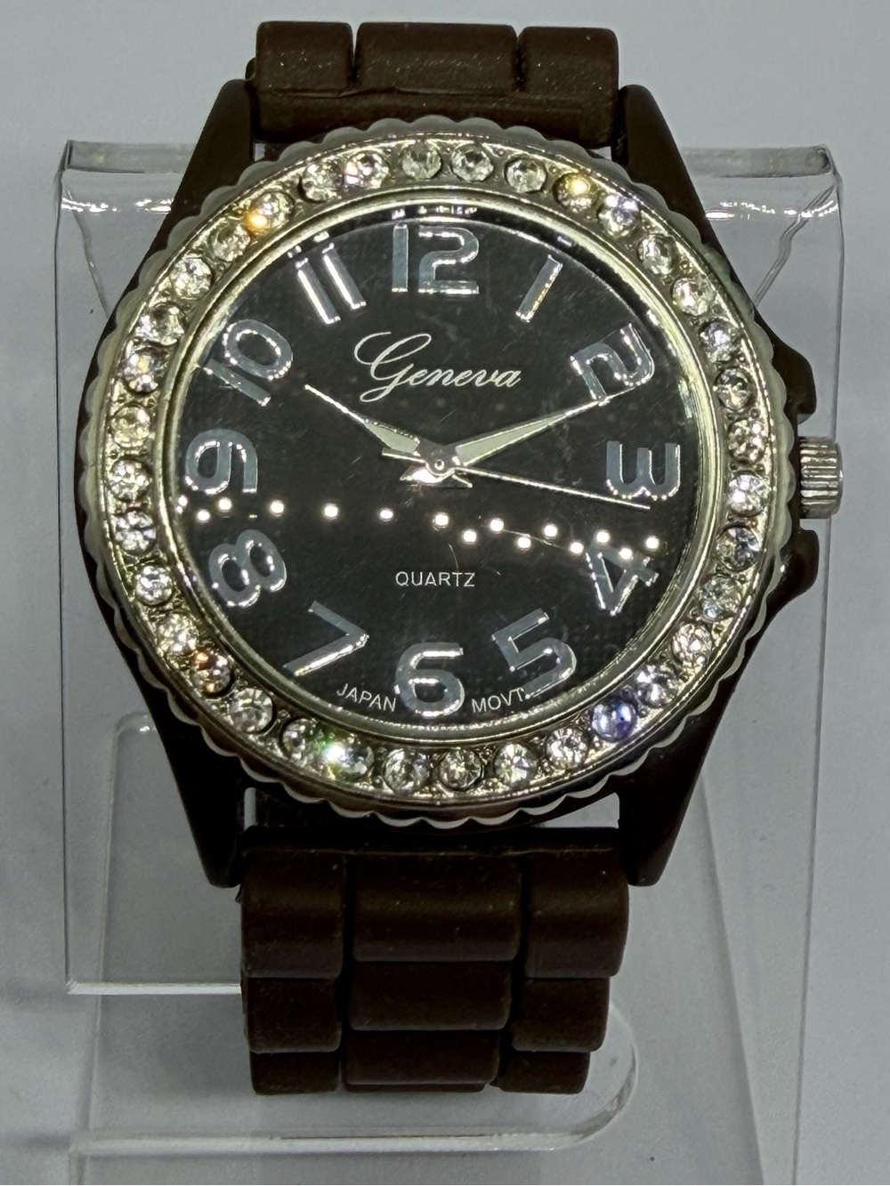 Geneva Black Dial Crystal-Accented Silver Bezel Brown Silicone Strap Watch